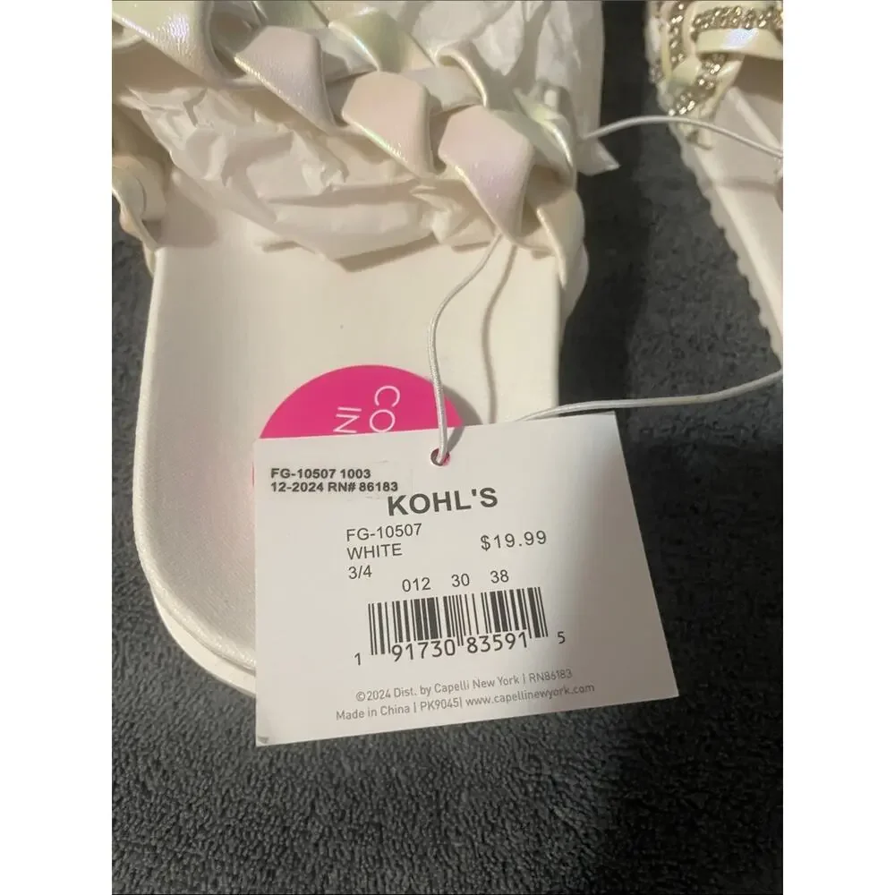 NWT Size 3 Elli by Capelli Iridescent Braided Double-Strap Slide Sandals - White